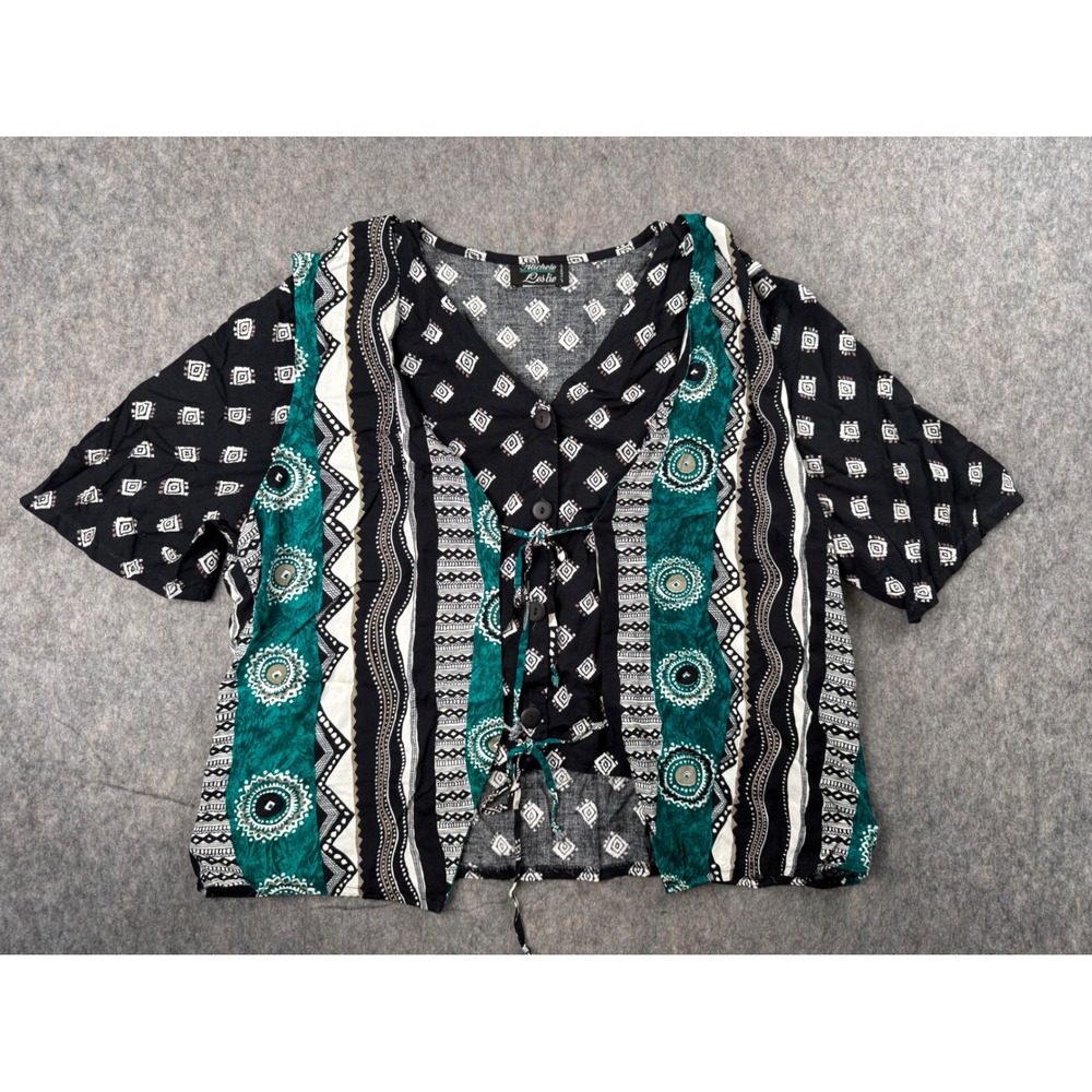 Michele Leslie Blouse Womens 18W Black Rayon Boho Mixed Print Tie Front Top Vtg